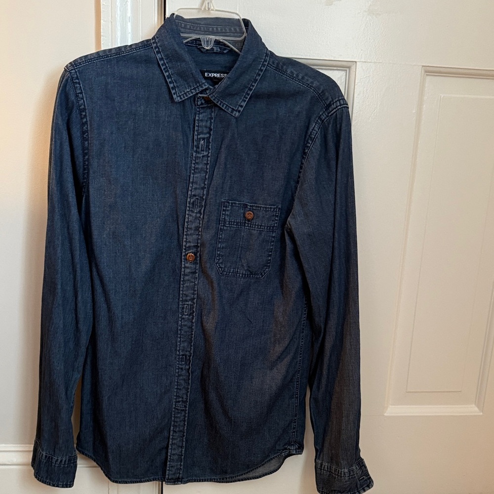 Express Men's Casual Denim Button-Down Shirt - Dark Blue